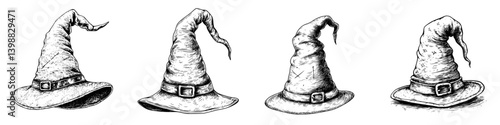 Different styles of witch hats displayed together in a detailed illustration for a mystical themed event or festival