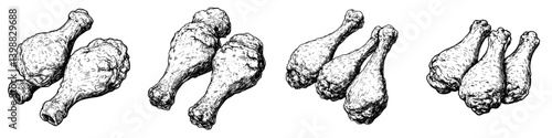 Various arrangements of hand-drawn chicken drumsticks on a white background showcasing different perspectives