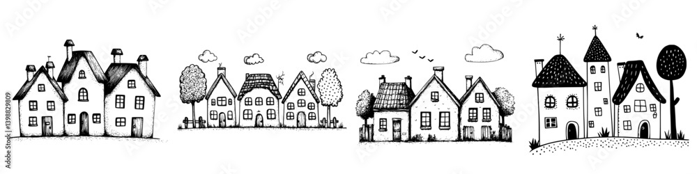 Charming collection of hand-drawn houses nestled in a lively neighborhood filled with trees and clouds Charming collection of hand-drawn houses nestled in a lively neighborhood filled with trees and clouds