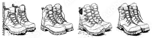 Different styles of sturdy hiking boots designed for outdoor adventures in various terrains
