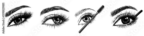 Detailed illustration of eye makeup application steps showing mascara and eyebrow grooming process