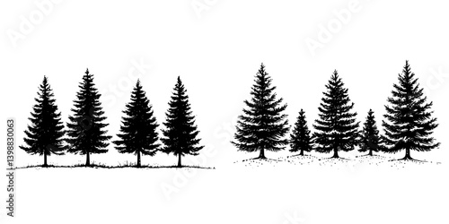 Collection of silhouettes depicting various conifer trees in a forest setting