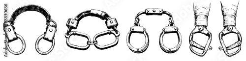 Variety of metal handcuffs and restraints displayed on a neutral background with intricate designs