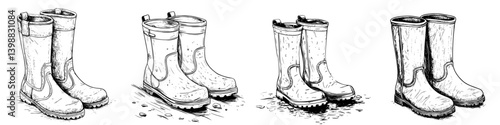 Illustrations of various styles of rubber boots designed for outdoor activities like farming and hiking in wet conditions