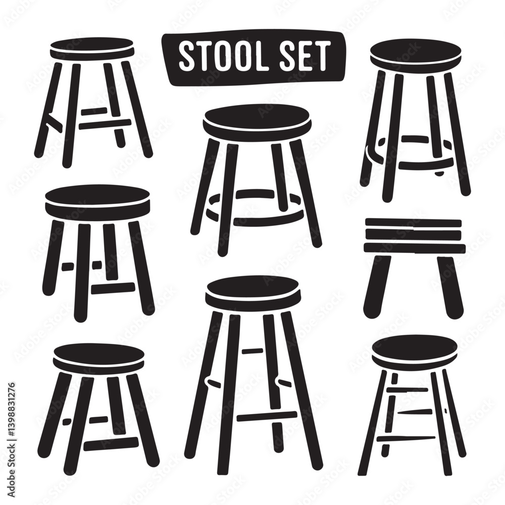 Black Silhouette of Stool Set on White Background – Minimalist Monochrome Furniture Icon Collection
Black Silhouette of Stool Set on White Background – Minimalist Monochrome Furniture Icon Collection