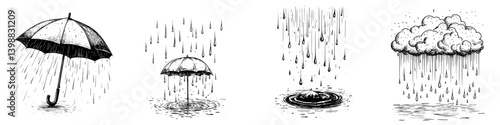 Illustrations of rain and an umbrella depicting a serene atmosphere and mood of solitude in monochrome