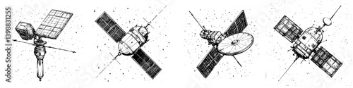 Various satellite designs in outer space captured in a detailed illustration during the exploration era
