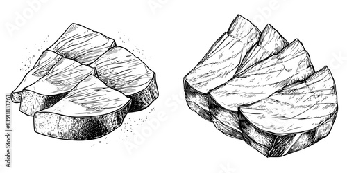 Sliced meat arranged on a platter showcasing different cuts and textures in a culinary presentation