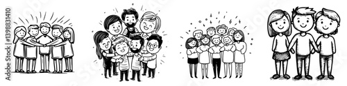 Groups of diverse people celebrating together in joyful interactions and expressions of friendship and unity