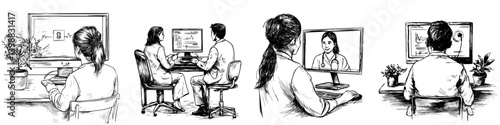 Medical professionals engaging in virtual consultations and data analysis in a modern workspace