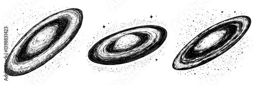 Detailed illustrations of spiral galaxies in black and white showcasing cosmic beauty and structure during a creative art display