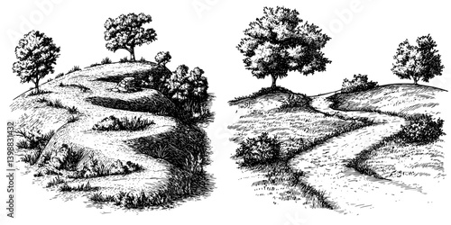 Winding paths through lush hills under a clear sky during a serene outdoor setting