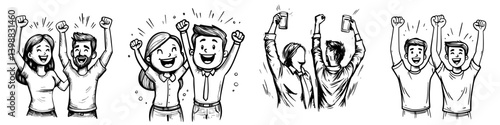 Celebratory group of friends enjoying time together while raising drinks in excitement at a lively event