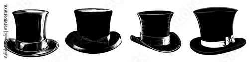 Collection of black top hats displayed in a row showcasing different styles and designs