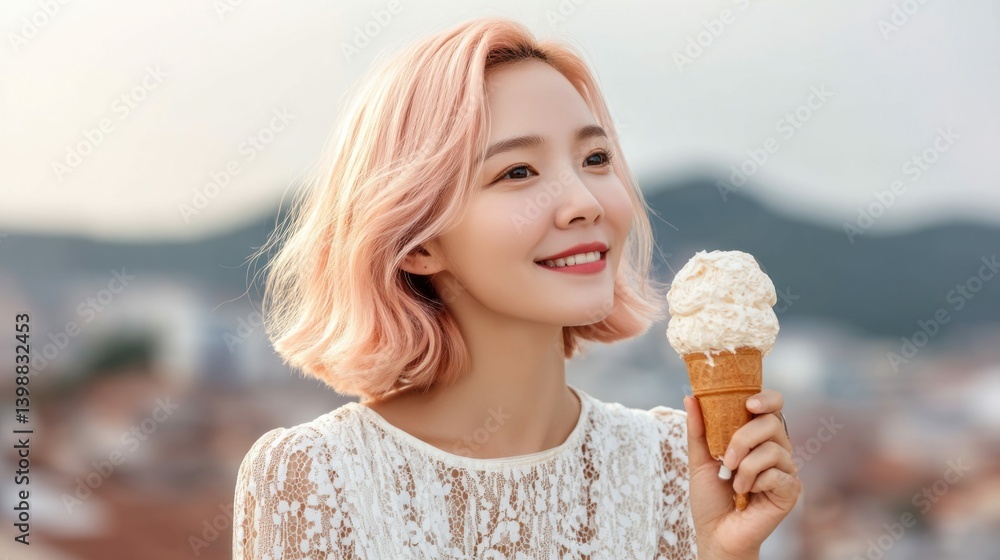 A smiling woman with pink hair holding a vanilla ice cream cone on a sunny day. A smiling woman with pink hair holding a vanilla ice cream cone on a sunny day.
