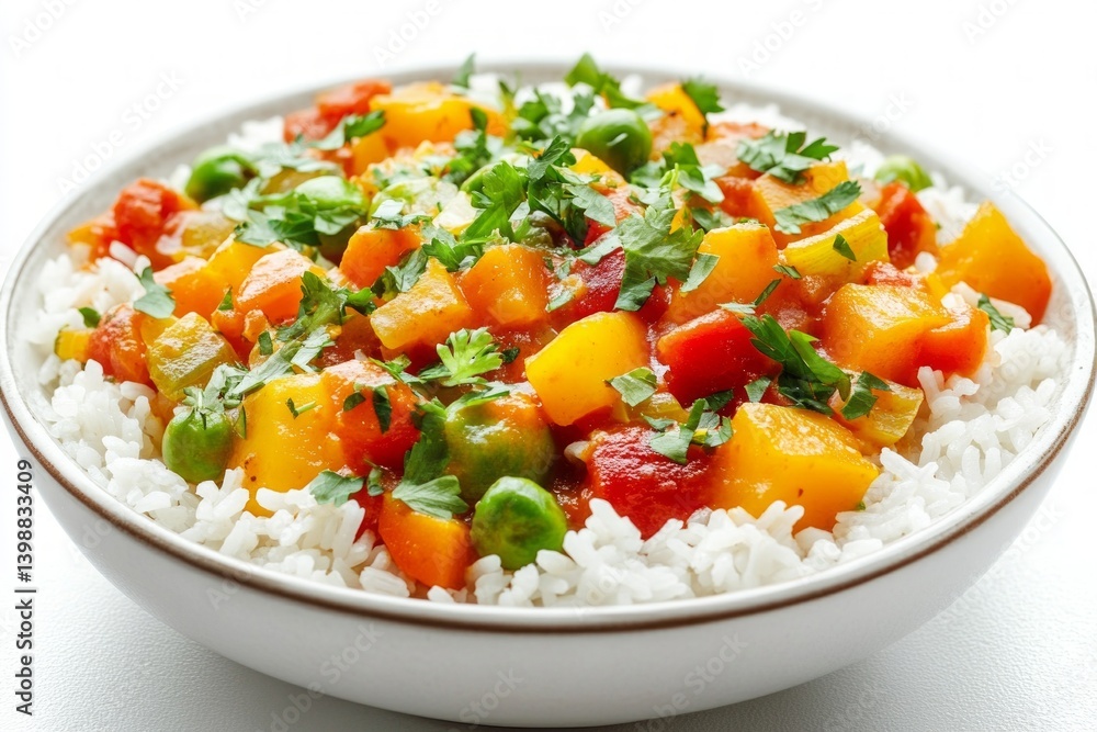 Colorful vegetable curry with peas, carrots, and potatoes served over white rice and garnished fresh. Colorful vegetable curry with peas, carrots, and potatoes served over white rice and garnished fresh.