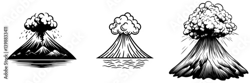 Volcanic eruptions depicted through artistic illustrations showcasing different eruption styles and landscapes