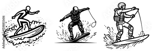 Different styles of water sports with surfing, wakeboarding, and kiteboarding showcased in dynamic action