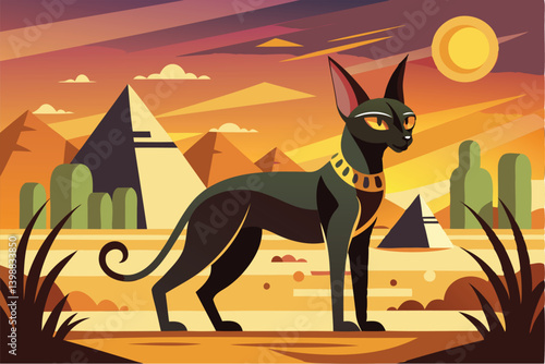 Mystical egyptian cat silhouette in vast desert landscape with pyramids in background