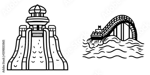 Waterslide and boat graphic design showcasing fun activities at an amusement park in summer