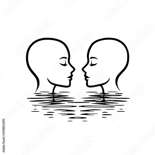 Two abstract figures facing each other, partially submerged in calm water, representing connection and introspection