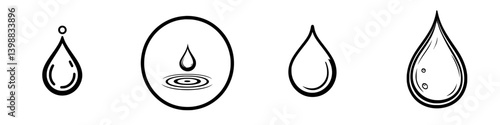 Various water droplet designs showcasing different shapes and textures in a minimalist style