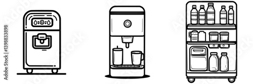 Various types of refrigerators and dispensers showcasing different designs in a modern kitchen setting