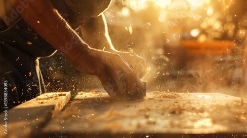 A man is sanding a piece of wood with a hand