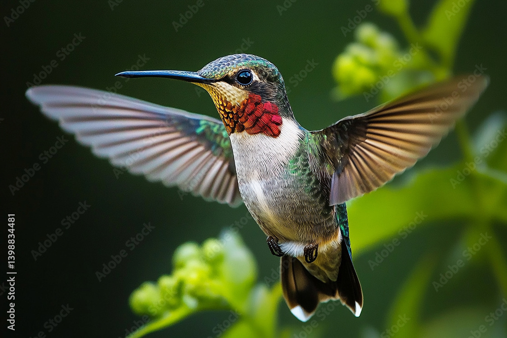 Obraz premium Hummingbird hovering near vibrant flowers in nature