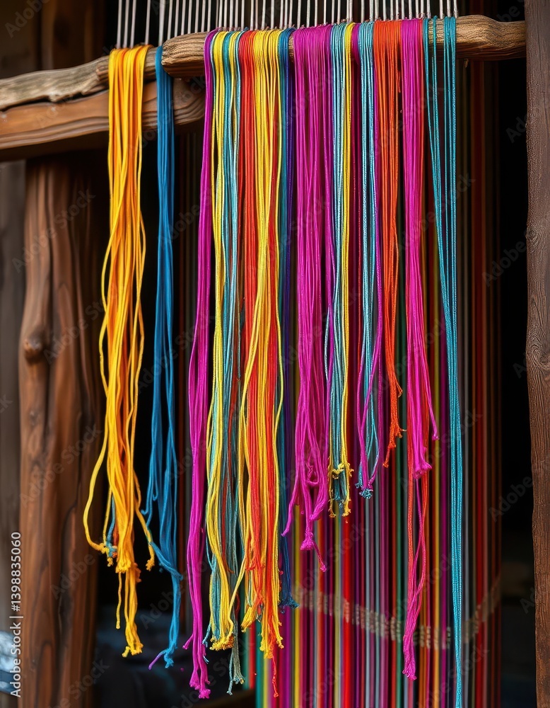 Vibrant threads hang from a rustic wooden loom, partially woven into a colorful textile, DIY, threads, fiber art