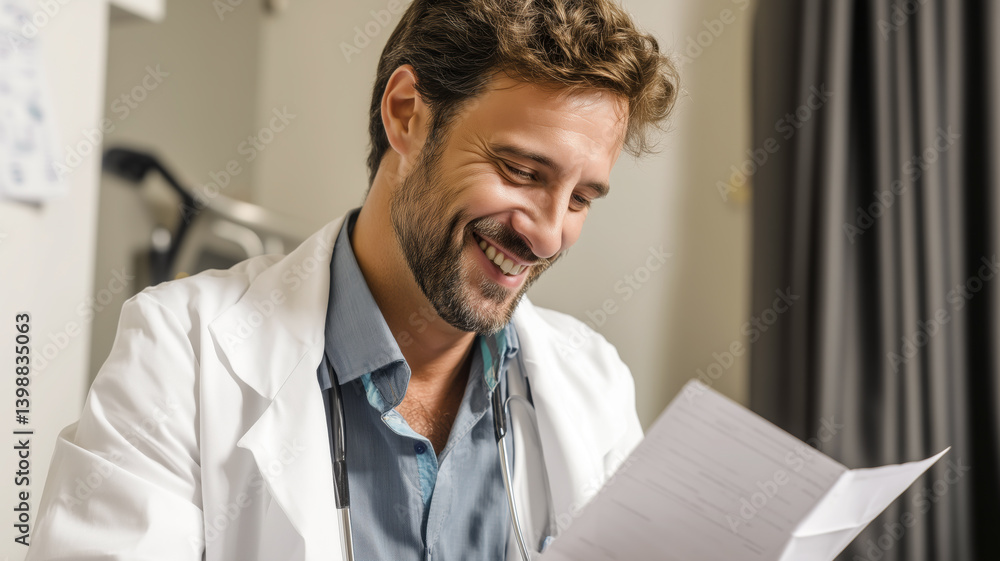 Fototapeta premium Smiling doctor reviews patient medical records in well-lit office, conveying trust and reliability in healthcare environment.