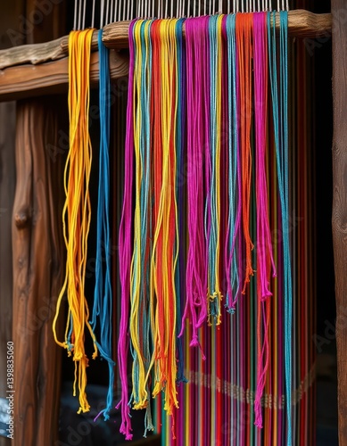 Obraz na płótnie Vibrant threads hang from a rustic wooden loom, partially woven into a colorful textile, DIY, threads, fiber art w salonie
