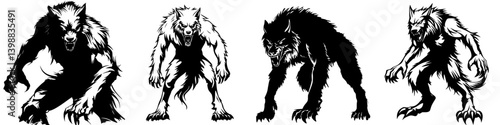 Four distinct werewolf silhouettes showcasing different poses and expressions under a full moon at night