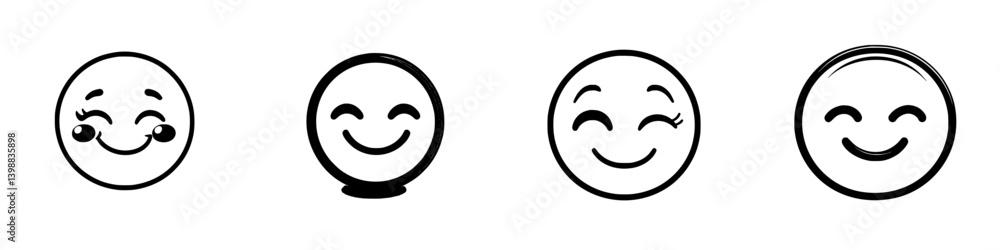 Different expressions of happiness represented through four unique smiley faces in a minimalistic style Different expressions of happiness represented through four unique smiley faces in a minimalistic style