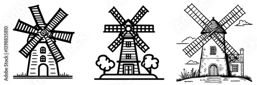 Three unique windmills showcasing different architectural styles and designs in a scenic rural landscape