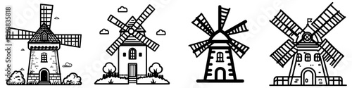 Various designs of windmills showcasing different architectural styles and details in a black and white illustration