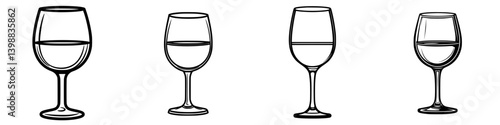 Different styles of wine glasses arranged in a row showcasing elegance and variety in glassware design