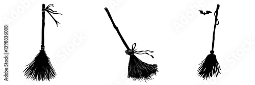Brooms and bats evoke a spooky atmosphere during Halloween season celebrations and decorations in homes