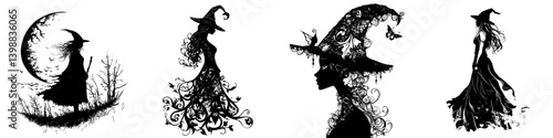 Silhouettes of witches with decorative details showcasing mystical elements against a moonlit night backdrop