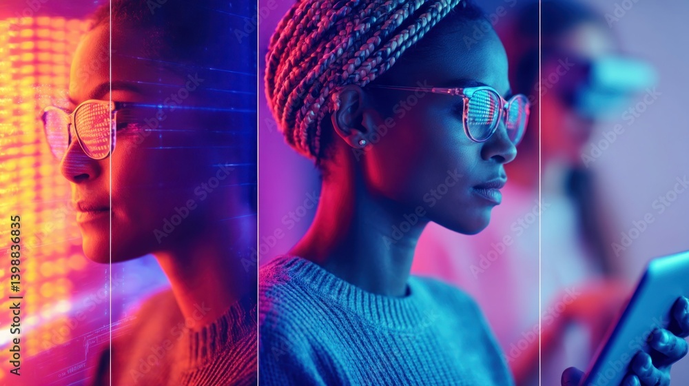 A woman with glasses immersed in a digital world, bathed in futuristic neon lighting.