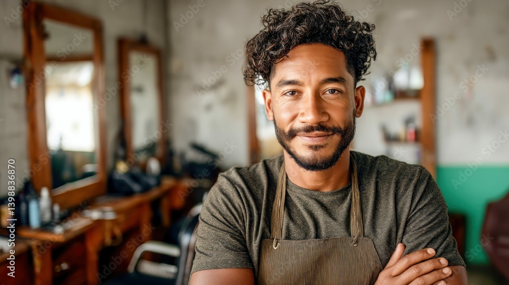 A professional and smiling barber welcomes customers in his vintage barbershop, looking friendly. A professional and smiling barber welcomes customers in his vintage barbershop, looking friendly.