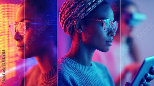 Obraz na płótnie A woman with glasses immersed in a digital world, bathed in futuristic neon lighting. w salonie