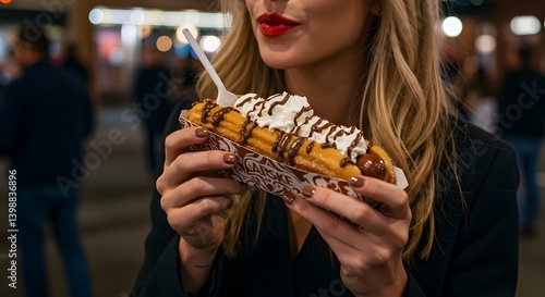 A woman in elegant attire casually enjoying a dessert-style churro hot dog filled with chocolate sauce and whipped cream during an evening stroll through a festive downtown area.