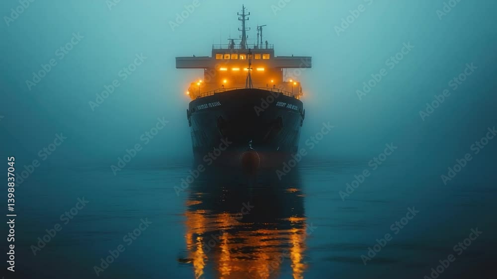 A Ship's Journey Through the Fog: A solitary cargo vessel glides through a tranquil body of water, its warm lights contrasting against the atmospheric fog. Evoking a sense of mystery and voyage. A Ship's Journey Through the Fog: A solitary cargo vessel glides through a tranquil body of water, its warm lights contrasting against the atmospheric fog. Evoking a sense of mystery and voyage.
