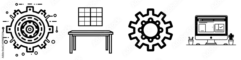 Graphic representations of mechanical gears, a table, and a computer screen with an interface showcasing a project management tool Graphic representations of mechanical gears, a table, and a computer screen with an interface showcasing a project management tool