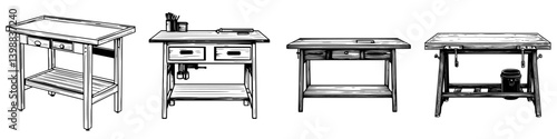Various wooden workbenches displayed in a craft workshop setting for woodworking and creative projects