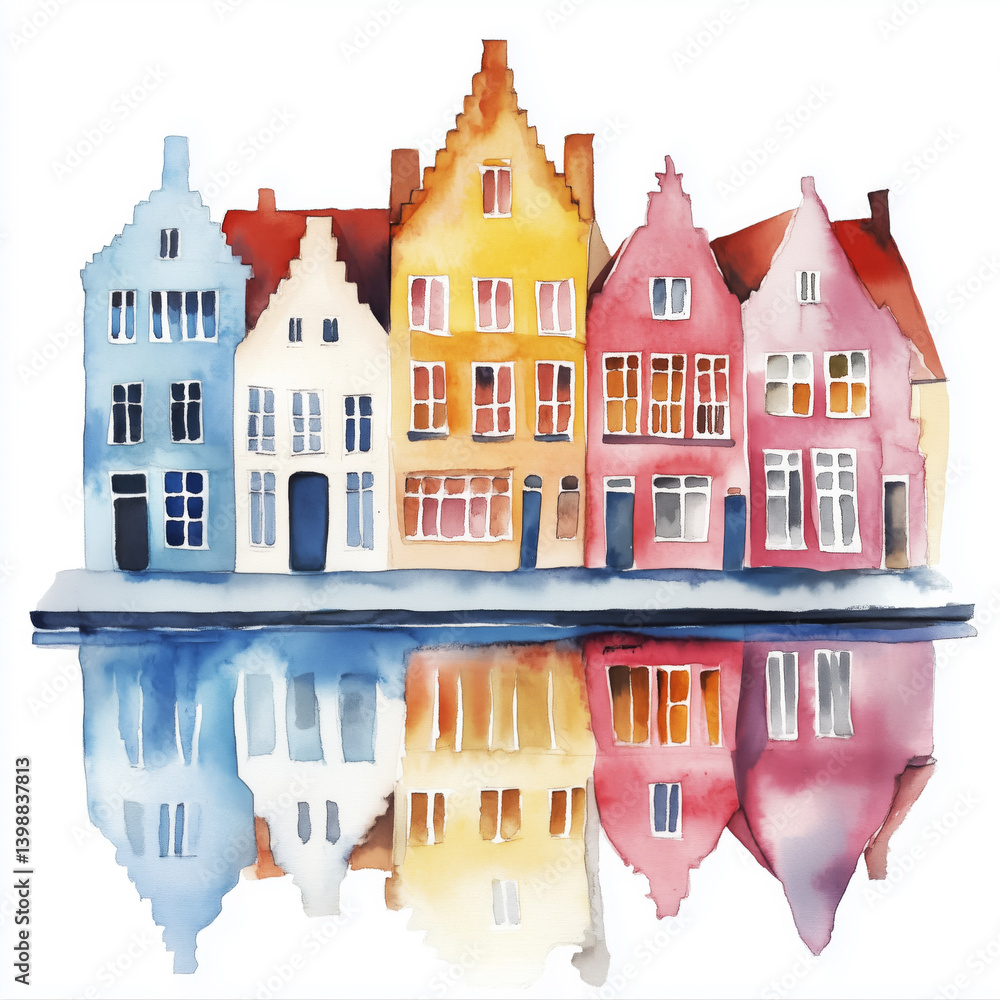 Fototapeta premium Watercolor of Brugge's colorful houses mirrored in the canal. White background, postcard style