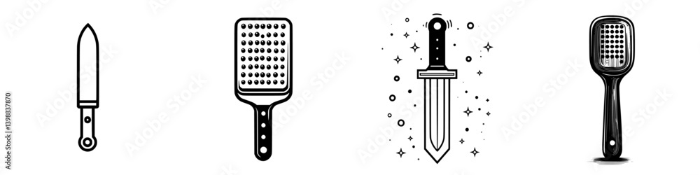 Various kitchen utensils including knives and graters displayed in a minimalistic style with bold outlines and a simple background Various kitchen utensils including knives and graters displayed in a minimalistic style with bold outlines and a simple background