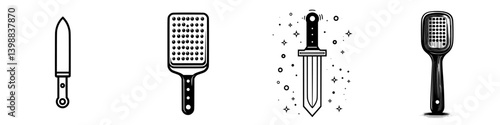 Various kitchen utensils including knives and graters displayed in a minimalistic style with bold outlines and a simple background