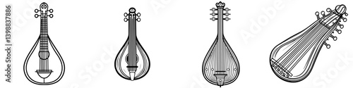 Different types of string instruments showcasing their unique designs and shapes in detailed line art